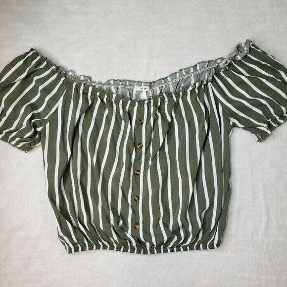 Striped Olive & White Off-Shoulder cropped Blouse With Button Front Size M - Picture 3 of 9